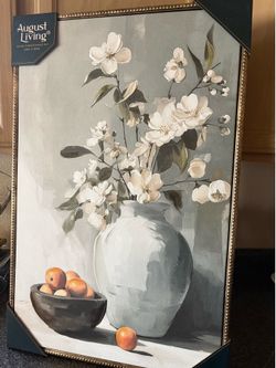 Cuadro Decorativo Flores Blancas Jarrón Y Frutas 20"x30"