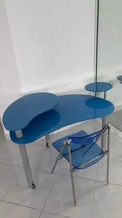 Modern blue glass computer desk and matching chair Large wall art 31*46” in the silver frame