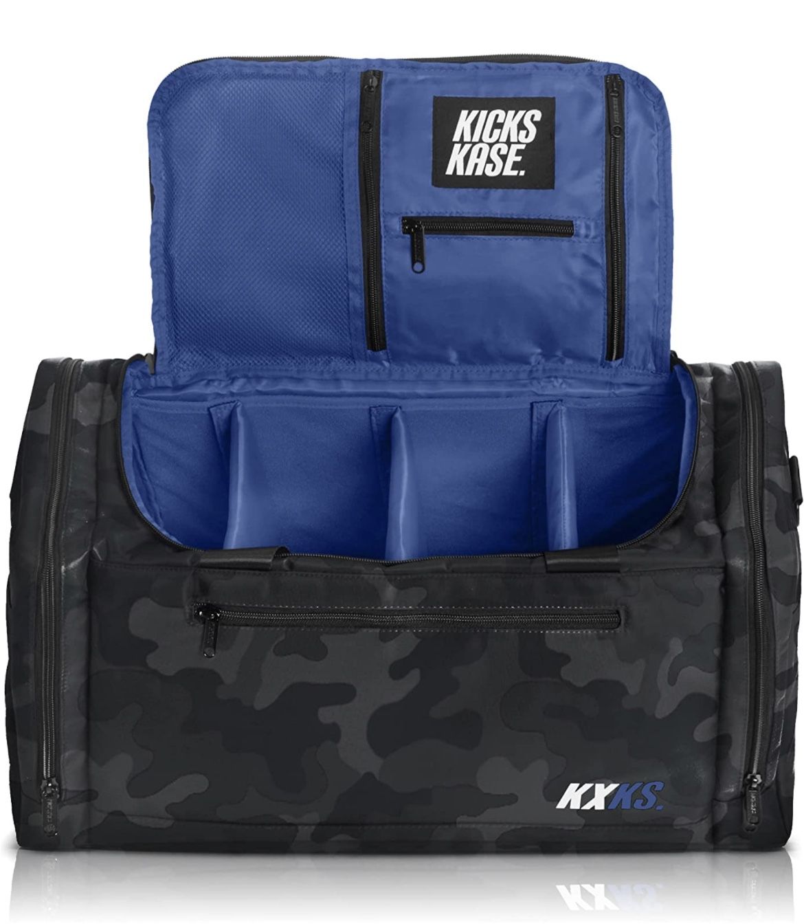 KXKS. (Kicks Kase) Camo Premium Sneaker Bag & Travel Duffel Bag - 3 adjustable compartment dividers - For shoes, clothing and gym (Black Camo/Blue)