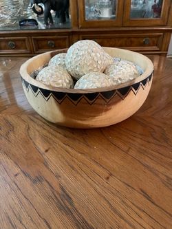 Decorative Wooden Bowl with 6 Decorative Spherical Shell Balls - Will Sell Together or Separately