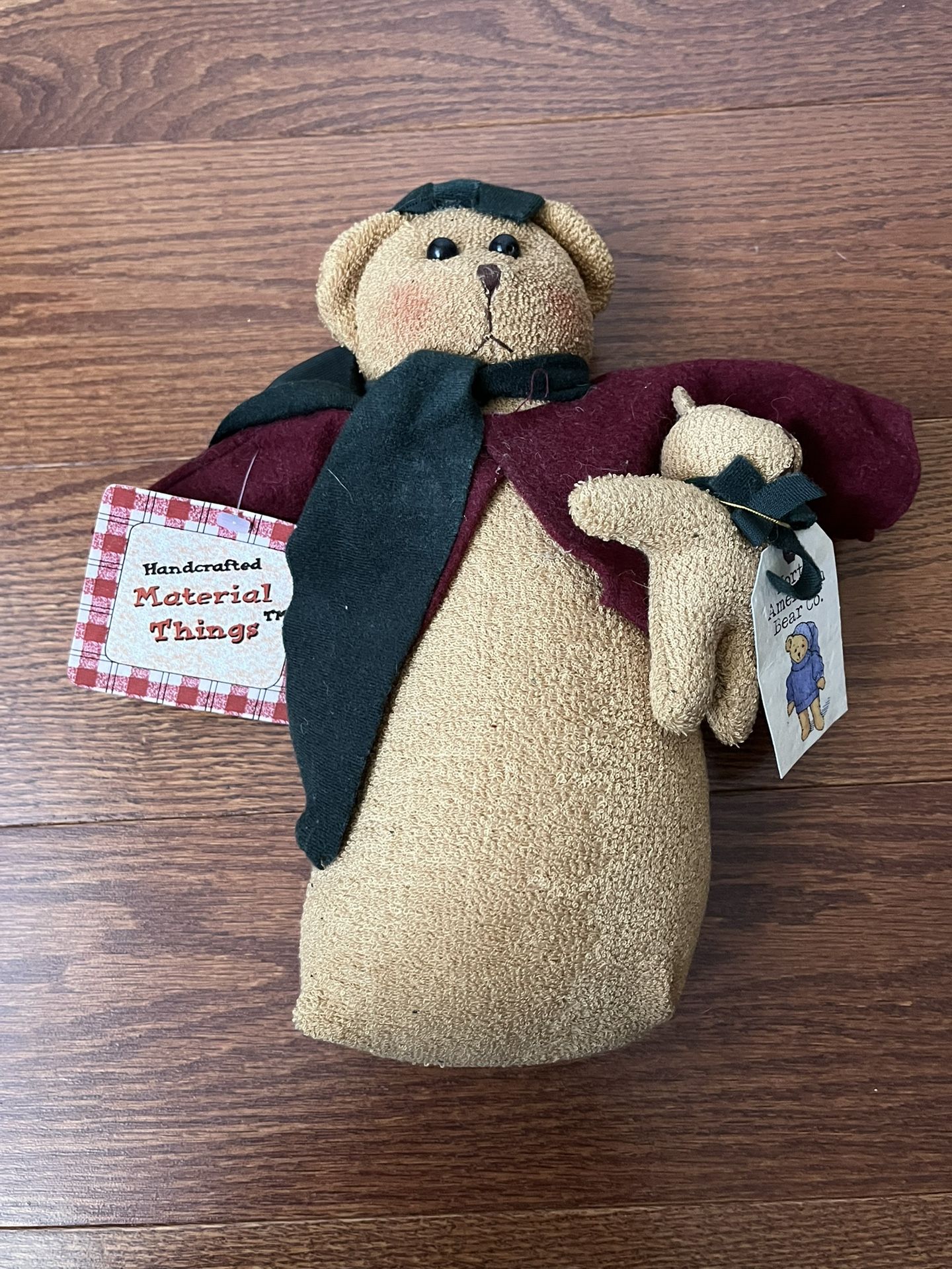 2004 “Handcrafted Material Things”Teddy Bear 11 Inches Tall Shelf Sitter