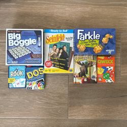 Lot Of 7 Games - Boggle, Farkle, Seinfeld Trivia, Dos, Rook, Qwixx, Mose In The House 