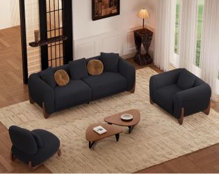 Modern Boucle Sofa and Armchair Set with Walnut Legs