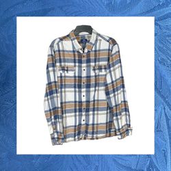 George White, Blue, Gold, Tan Plaid Flannel Button Shirt Men XL