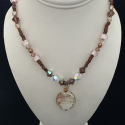 Sterling Silver Pink & Brown Murano Glass Beaded Necklace ~17-19.25"