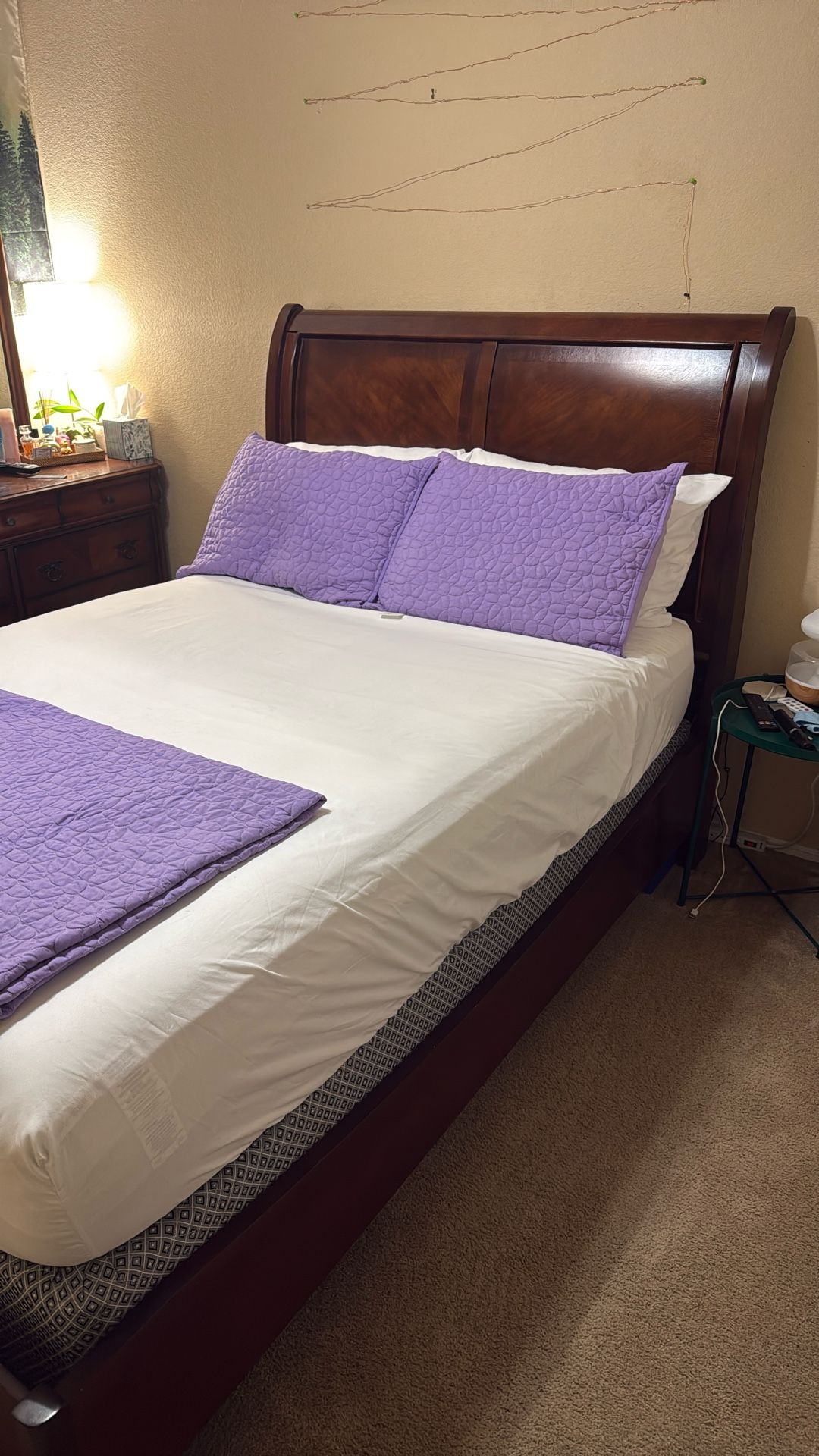 Full Size Bed Frame + Box And Matress And Dresser With, Mirror