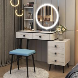 Vanity Desk with Lighted Mirror, stool, and charging station