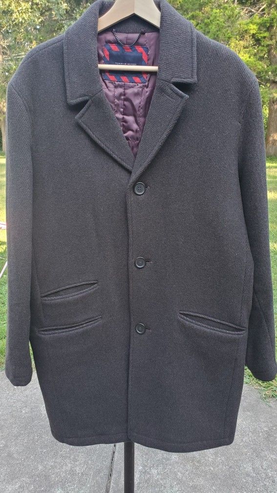 Tommy Hilfiger Mens Over Coat Quilted Jacket Wool Size Large Brown Long Coat