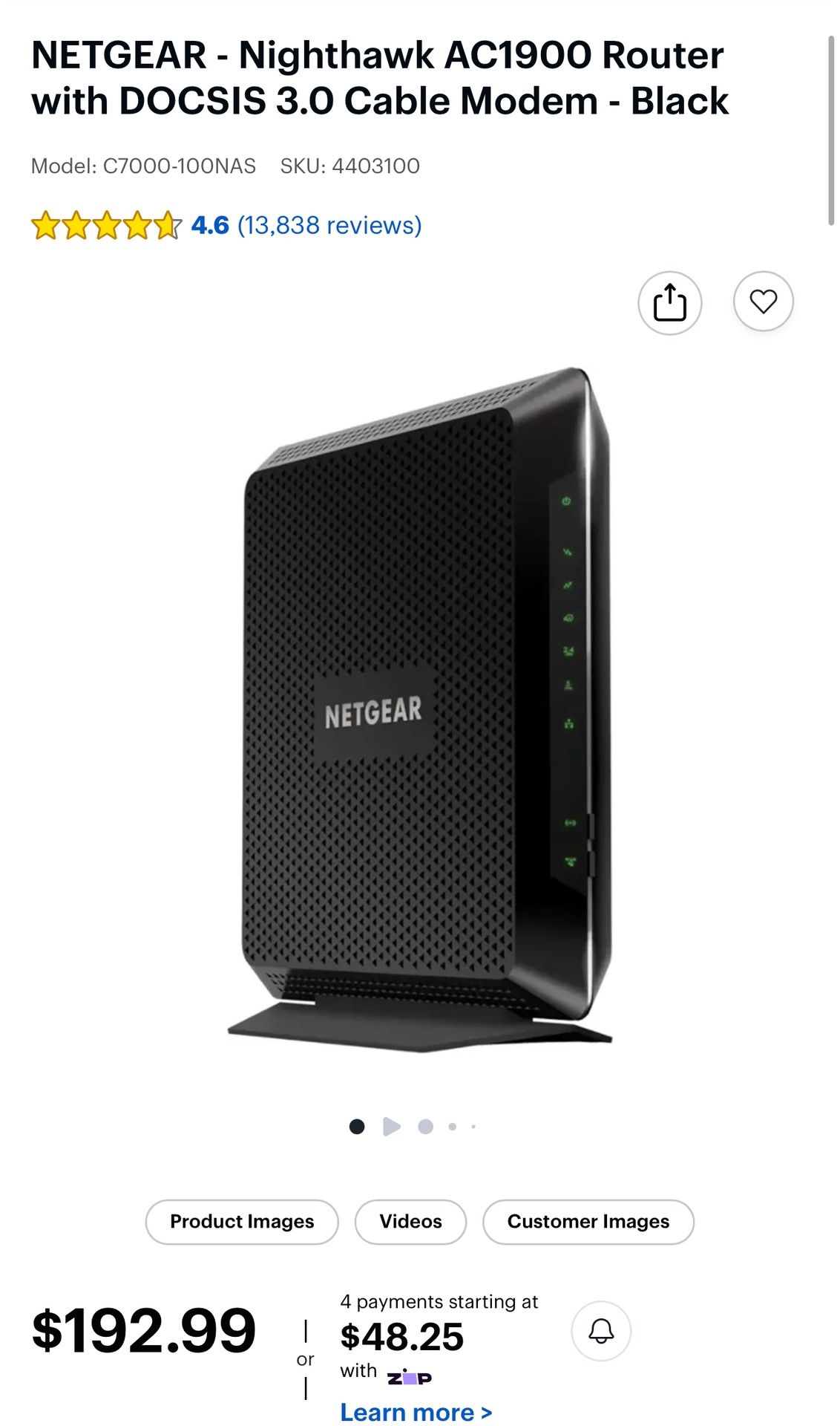 NETGEAR - Nighthawk AC1900 Router with DOCSIS 3.0 Cable Modem - Black
