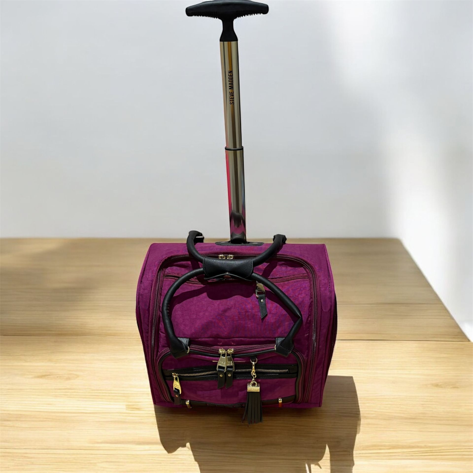Steve Madden Designer Carry-on Suitcase weekender Nylon peek-a-boo purple.
