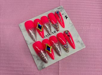 Long stiletto Press on nails pink silver glitter rhinestones