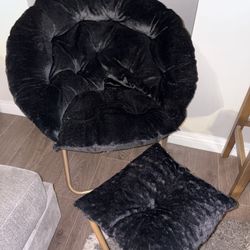 Faux Fur Folding Saucer Moon Chair w/ Ottoman Black Faux Fur