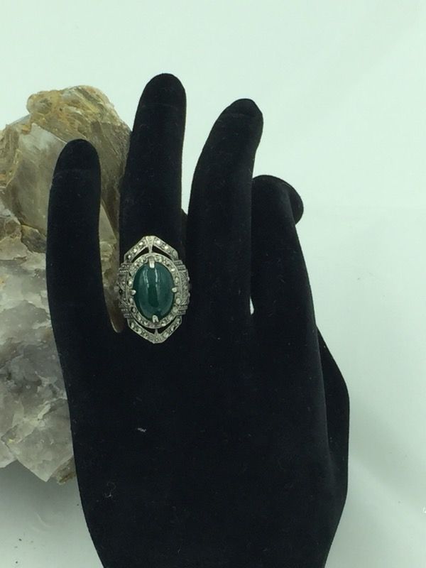 Vintage 925 STER Silver Chrysoprase Marcasite Ring 5