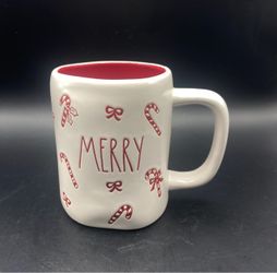 Beautiful and Full of Cheer Rae Dunn MERRY Mug w/Candy Canes and Bows w/Christmas Red Interior