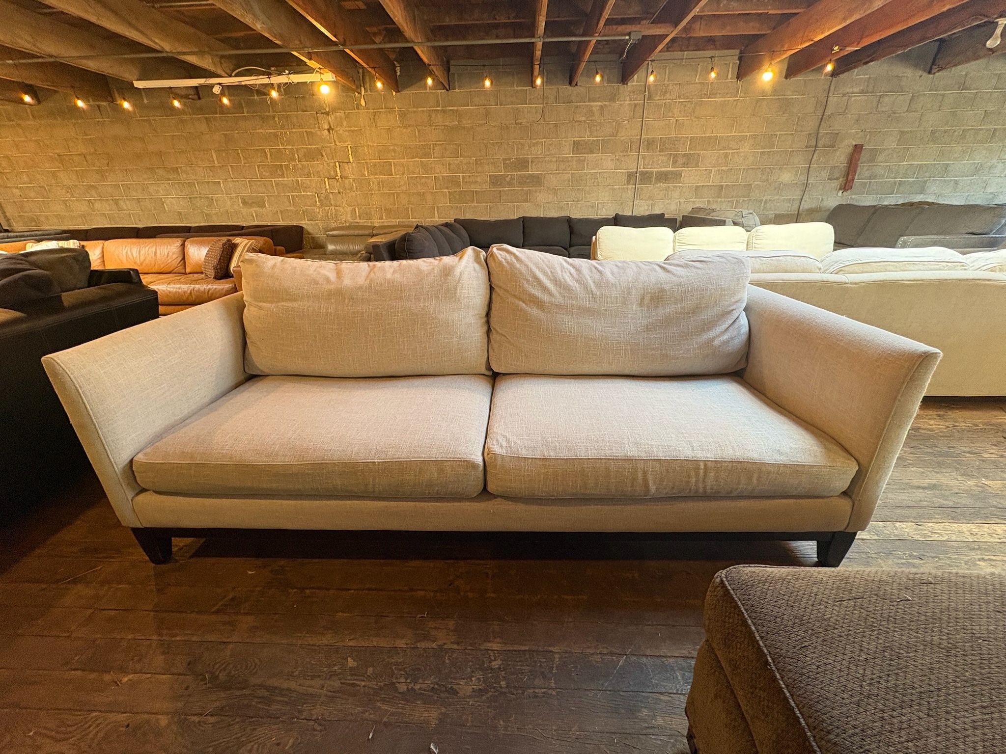 West Elm Modern Cream Sofa – Clean Lines, Linen Blend Fabric & Solid Wood Base “WE DELIVER”