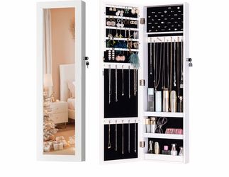 Lockable Wall-Mounted Jewelry Cabinet with Full-Length Mirror – White