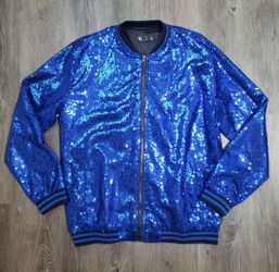 Women's Shiny Sequins Blue Bomber Zip Up Jacket, Size Large! Also Great For Halloween Costume!