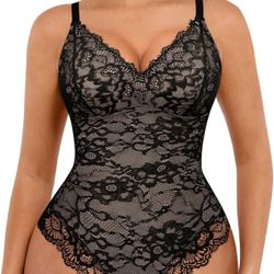 Small FeelinGirl Shapewear Bodysuits for Women Lace Shapewear Tummy Control V-Neck Sleeveless Bodysuit Tops Jumpsuit