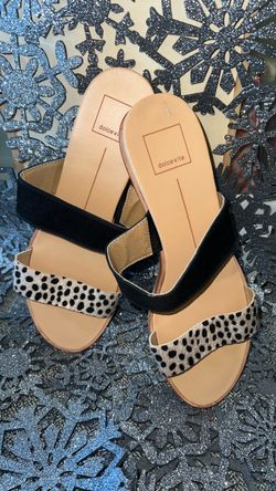 Dolce Vita Women's 9.5 Black/Beige Animal Print Faux Fur Strappy Slide Sandals