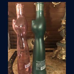 2011 RIESLING PINK /matte Green Green CAT WINE BOTTLE GERMAN 500 ML FELINE DECANTER LIQUOR 13"