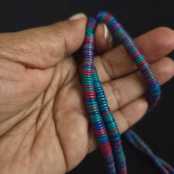 Vtg Flat Disk Beaded 35" Necklace Red Green Blue Hard Plastic