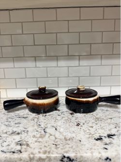 Vintage Pfaltzgraff Brown Drip Covered French Onion Soup Bowls Set of 2 | Ceramic Crocks with Lids