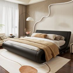 Full / Queen /King Size Bed Frame with Curved Adjustable Headboard, Faux Leather Upholstered Platform Bed, Black