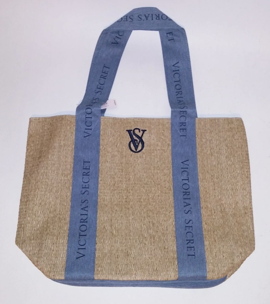 Victoria's Secret Straw Tote Bag Blue Denim Straps VS Logo Beach Travel New With tags