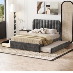 PVWIIK Upholstered Full Platform Bed with Trundle & Storage Drawers, Tufted Button Soft Fabric Bedframe with Plus USB Port & LED for Bedroom, 