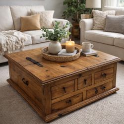 Solid Wood Storage Trunk Coffee Table – 35x35x19 Rustic Farmhouse