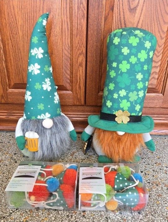 Bundle! Two Large Lucky St. Patty's Gnome Decorations + Two Gnome Garlands 