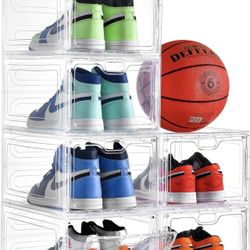 6 Pack Clear Hard Plastic Stackable Shoes Organizer with Magnetic Front Door, Fit up to Size 12