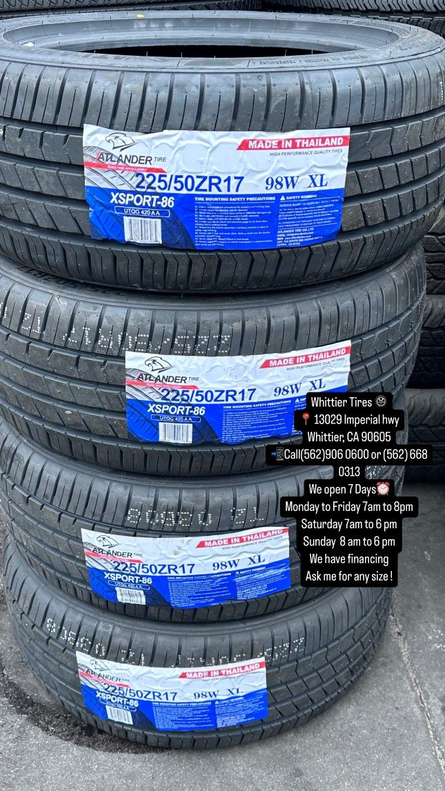 SET OF NEW TIRES, 225/50R17 ATLANDER , INCLUDING MOUNTING AND BALANCING. ASK ME FOR ANY SIZE OR BRAND, LLANTAS NUEVAS