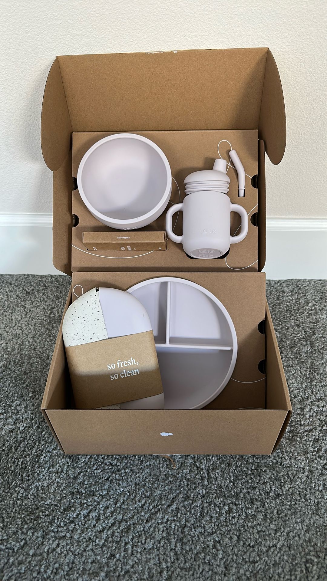 NEW Lalo First Bites Silicone Baby Feeding Set - Non-Toxic Silicone - Includes 1 Bib, 2 Spoons, Training Cup, Suction Plate an