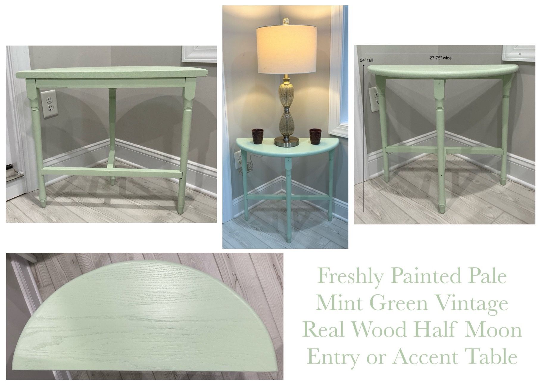 Freshly Painted Pale Mint Green Vintage Real Wood Half Moon Entry or Accent Table