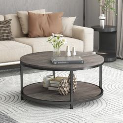 B-100 NSdirect Round Coffee Table,36" Coffee Table for Living Room,2-Tier Rustic Wood Desktop with Storage Shelf 