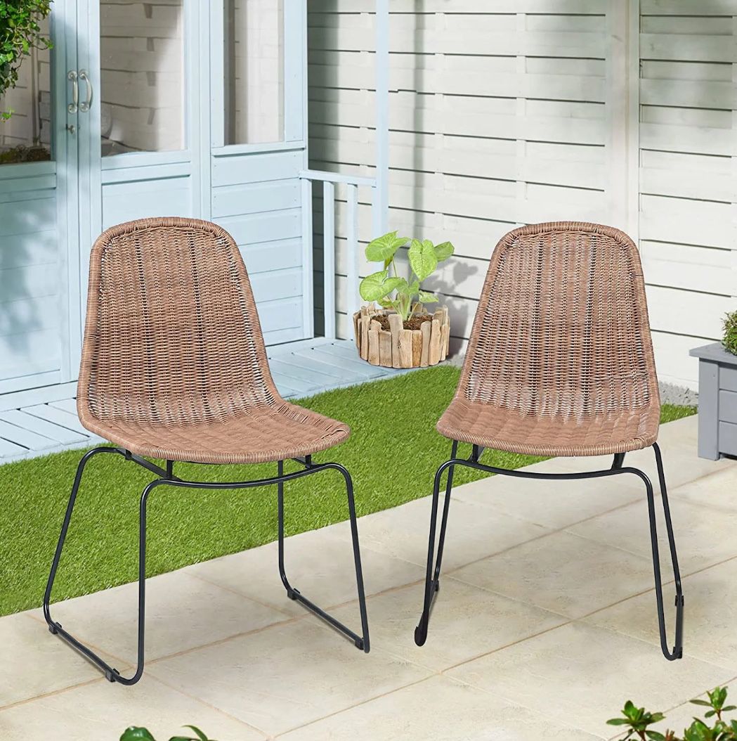 Outdoor Wicker Chairs, Patio Dining Chair, Rattan Armless Chairs with Curved Back, Indoor/Outdoor, Set of 4, Beige