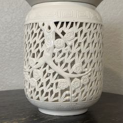 Vintage Chinoiserie White Ceramic Reticulated Flush Mount / Pendant Light