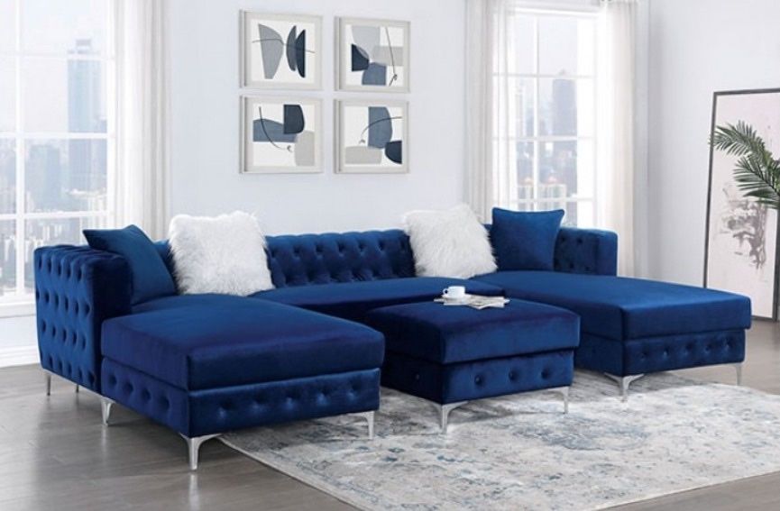 Blue Sectional Sofa - Ottoman Sold Separate 