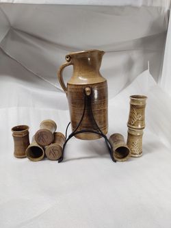 Studio Large Clay Pottery Pitcher Pours By Tilting Into Jar Cups 