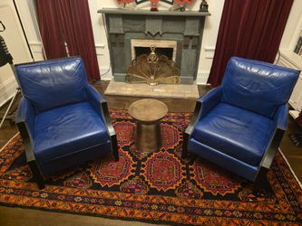 Pair of Baltic Blue LeatherCraft Durham leather lounge/club chairs. Canadian made.