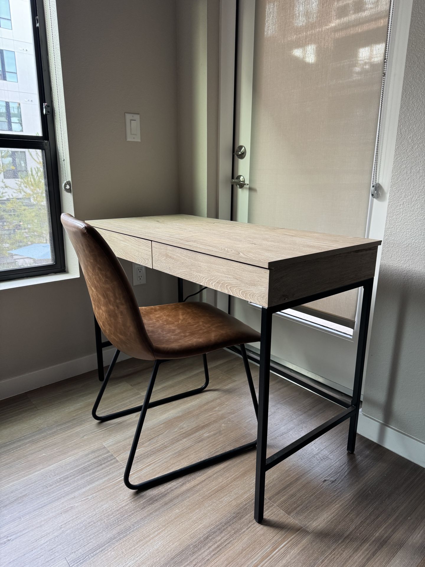 Brown / Grey Desk With Brown Leather Chair (Mid-Century Modern)