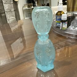 Vintage Frosted Blue Glass Perfume Bottle with Floral Stopper | I.W. Rice Import