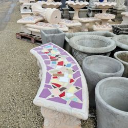 Concrete Mosaic Tile Inlay Curved Benches / Cement Garden Patio Bench / Outdoor Patio Furniture