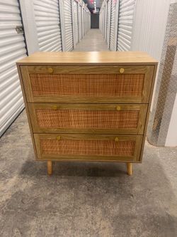 Wooden Rattan 3 Drawer Dresser with Gold Knobs