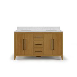 PRESIDENTS DAY SALE - 60" Brown Solid Wood Bathroom Vanity with Marble Top (L)
