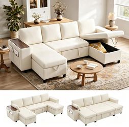 112.2 Inch Sectional Sofa with Storage Chaise, Pull Out Sleeper Bed and Tray,Beige