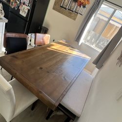 Wooden Dining Room Table w/ Wooden Bench And Cushion, Two Dining Room Chairs