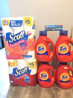 $50 4bottles of 100 Oz Tide liquid 1pack Tp 12rolls 1pack pt 6rolls 1crest toothpaste pick up Gahanna