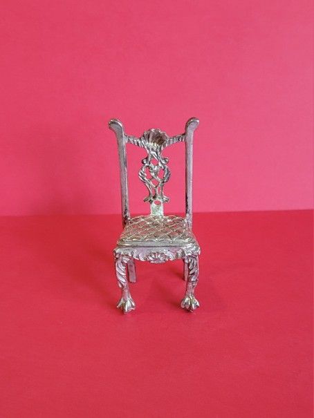 Vintage Miniatrure Victorian Doll House Metal Silver Plated Chair 2.5"